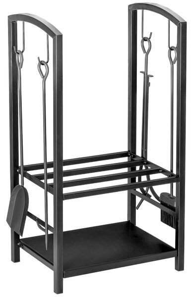 Outsunny Caseta pentru Lemne cu Set Unelte pentru Semineu in Otel Negru 40 x 30 x 74.5 cm