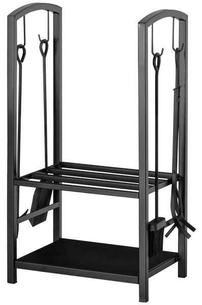 Outsunny Caseta pentru Lemne cu Set Unelte pentru Semineu in Otel Negru 40 x 30 x 74.5 cm