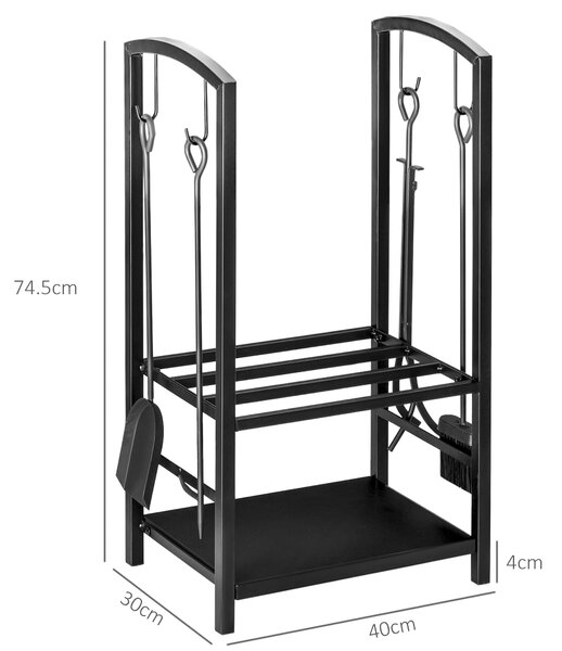 Outsunny Caseta pentru Lemne cu Set Unelte pentru Semineu in Otel Negru 40 x 30 x 74.5 cm