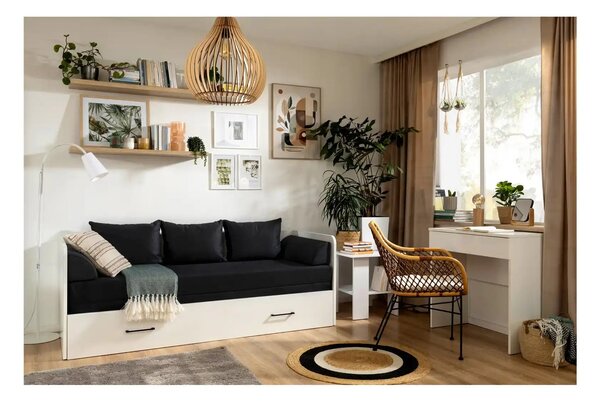 Pat TETRIX 80/160x200, alb/negru, PAL/stofa, cu saltea extensibila si