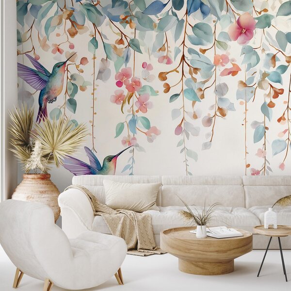 Tapet colibri printre flori pastelate