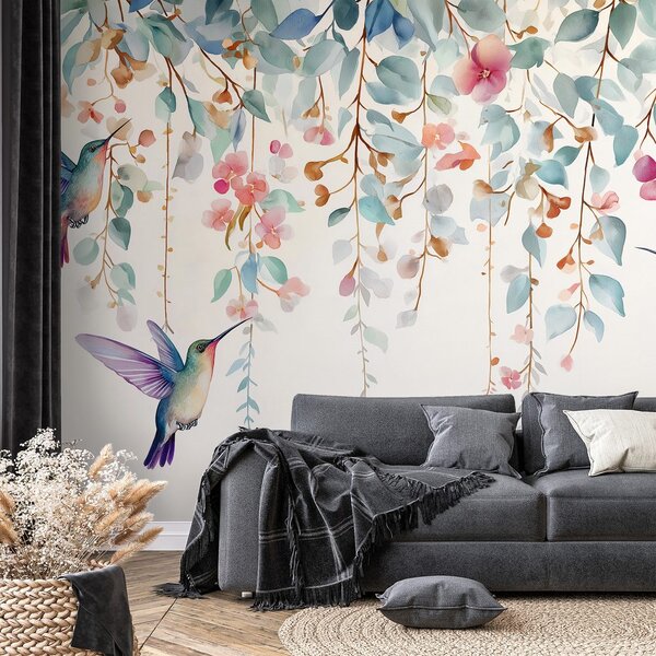 Tapet colibri printre flori pastelate