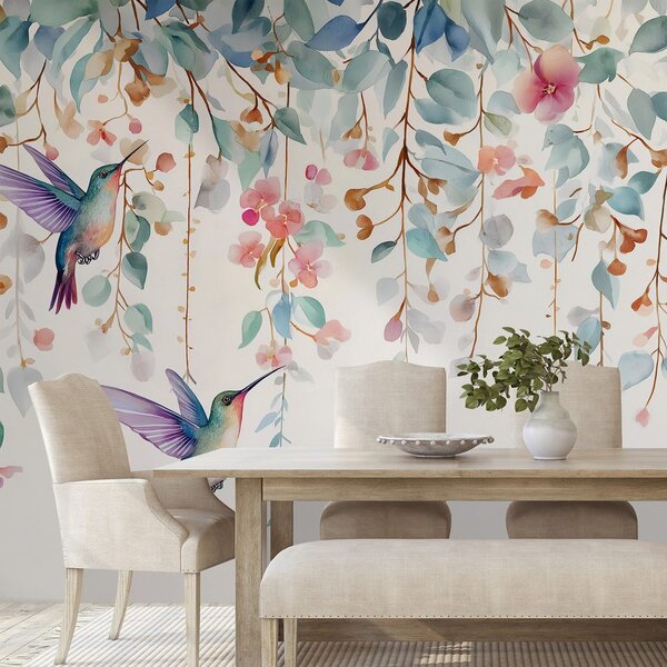 Tapet colibri printre flori pastelate