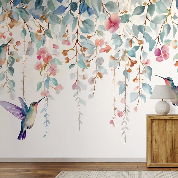 Tapet colibri printre flori pastelate