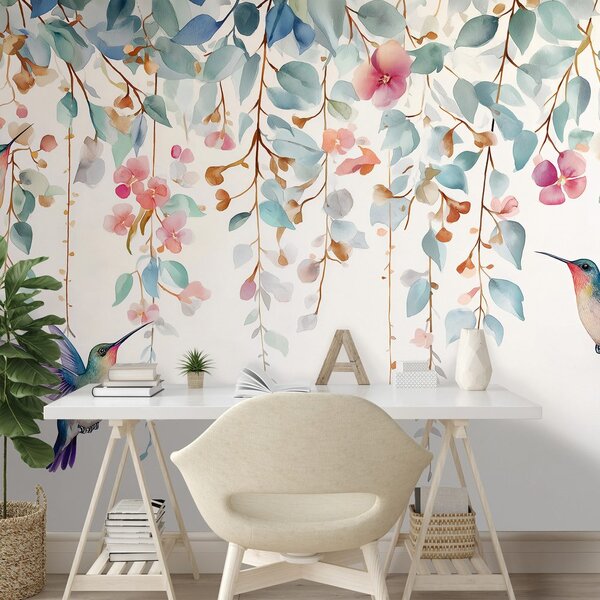 Tapet colibri printre flori pastelate