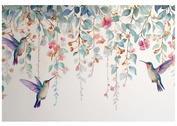 Tapet colibri printre flori pastelate