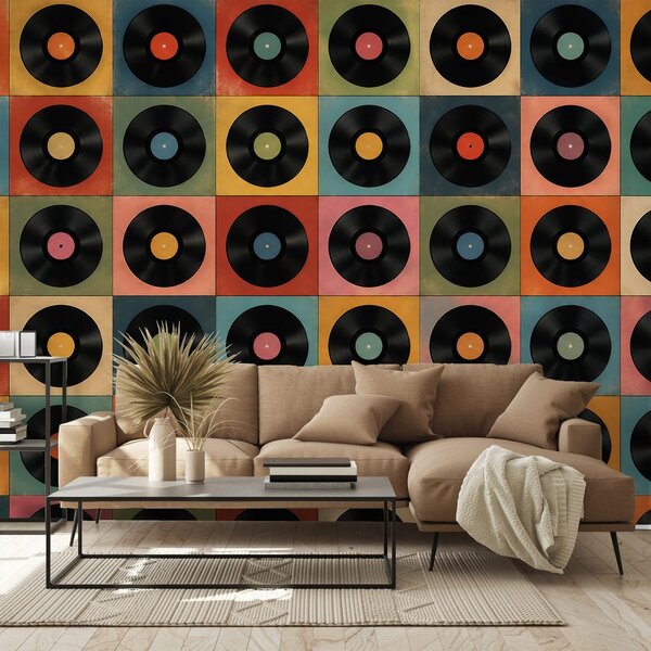 Tapet discuri de vinil retro pe fundal colorat