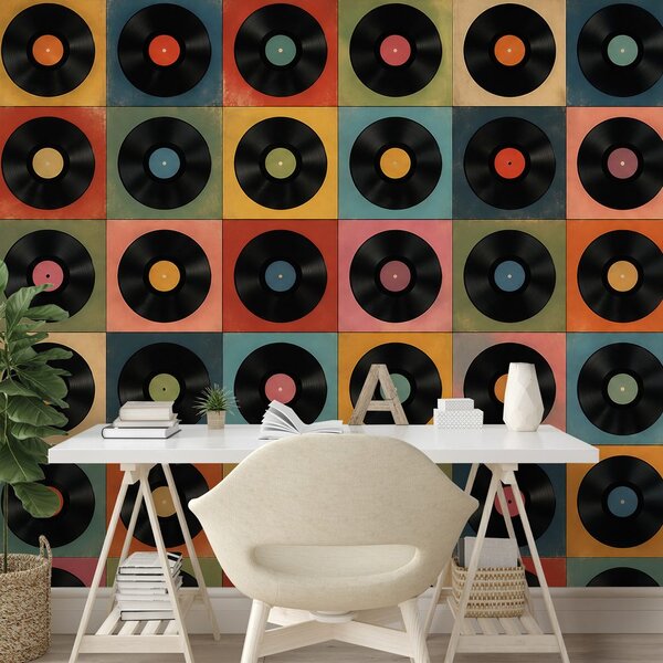 Tapet discuri de vinil retro pe fundal colorat