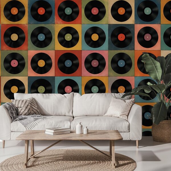 Tapet discuri de vinil retro pe fundal colorat