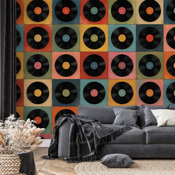 Tapet discuri de vinil retro pe fundal colorat
