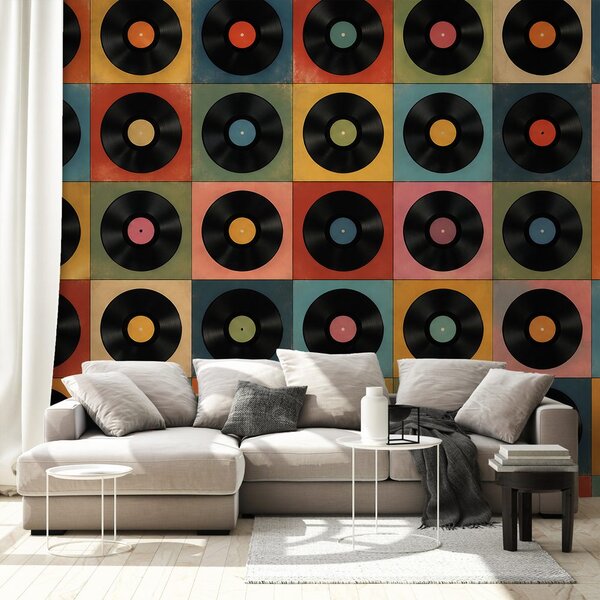 Tapet discuri de vinil retro pe fundal colorat