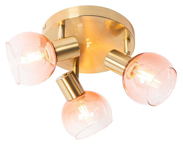 Art Deco plafondlamp goud met roze glas 3-lichts - Vidro