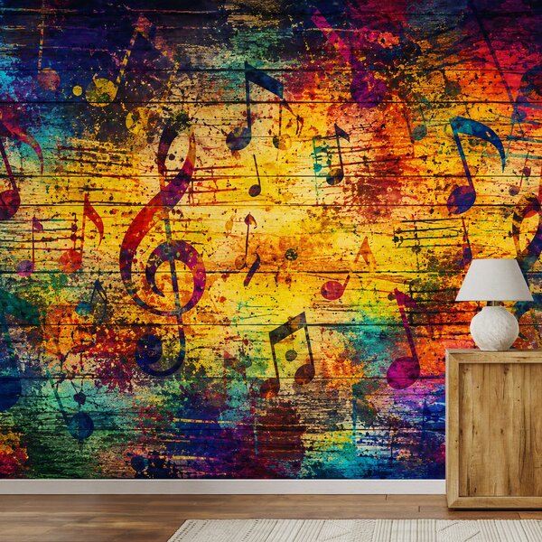 Tapet note muzicale colorate pe lemn