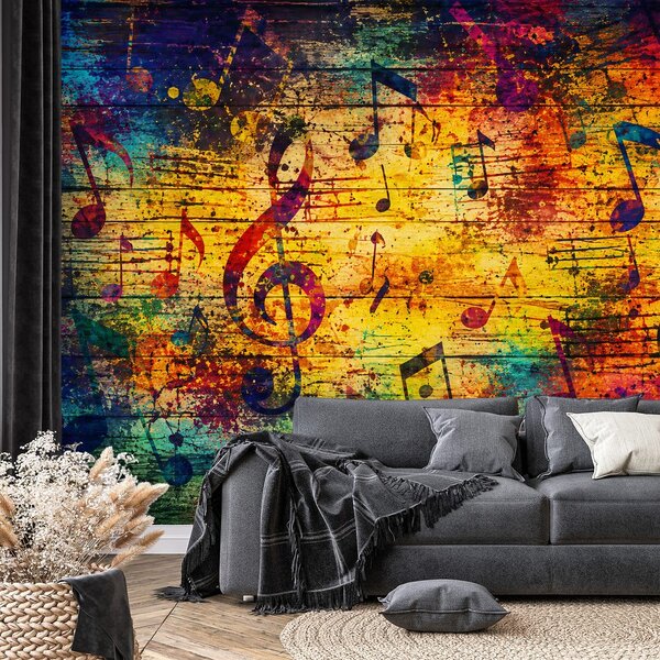 Tapet note muzicale colorate pe lemn