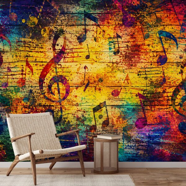 Tapet note muzicale colorate pe lemn