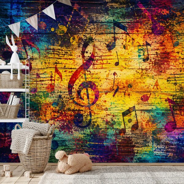 Tapet note muzicale colorate pe lemn