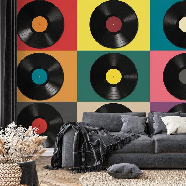 Fototapet discuri de vinil retro pe fundal colorat