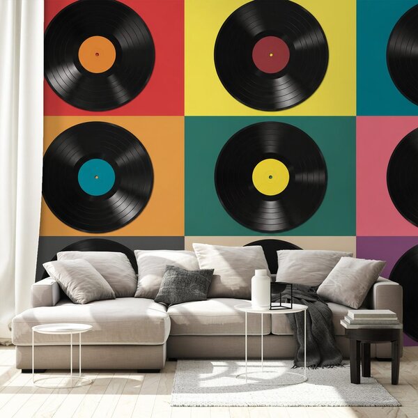 Fototapet discuri de vinil retro pe fundal colorat