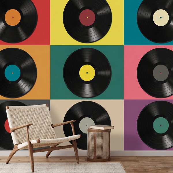 Fototapet discuri de vinil retro pe fundal colorat