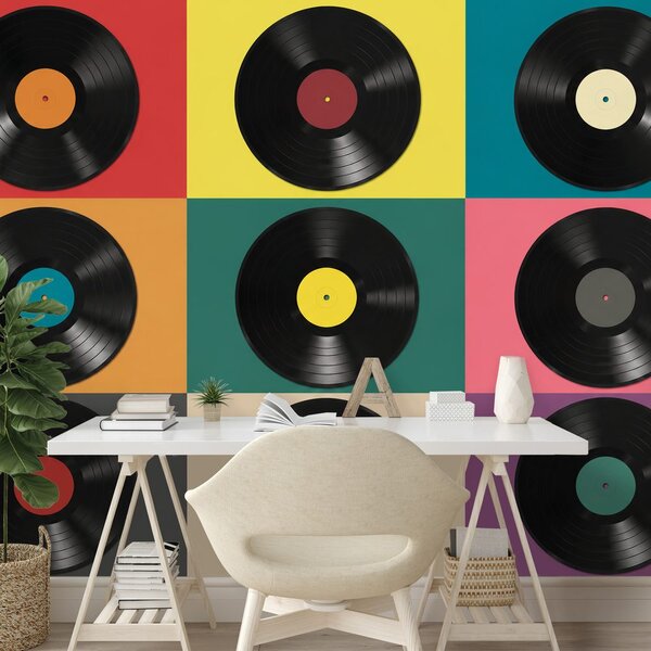 Fototapet discuri de vinil retro pe fundal colorat