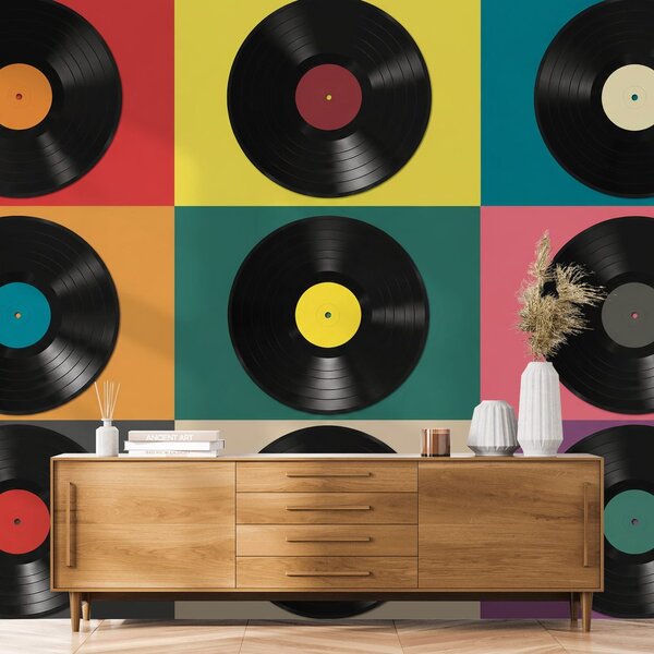 Fototapet discuri de vinil retro pe fundal colorat