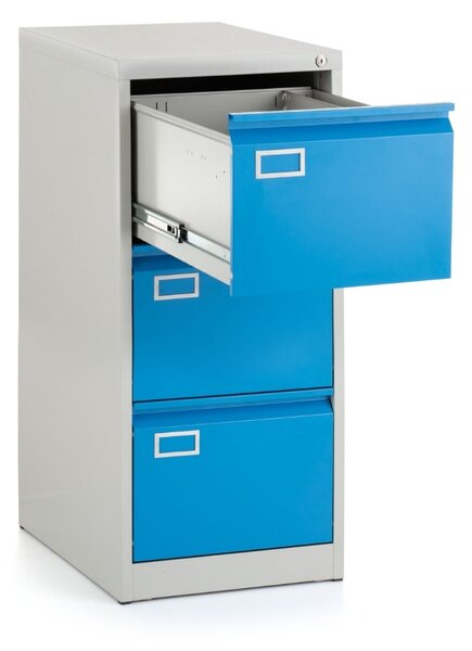 Dosar metalic A4 - 3 sertare, 45,5 x 62 x 101,5 cm, încuietoare cilindru, albastru - ral 5012
