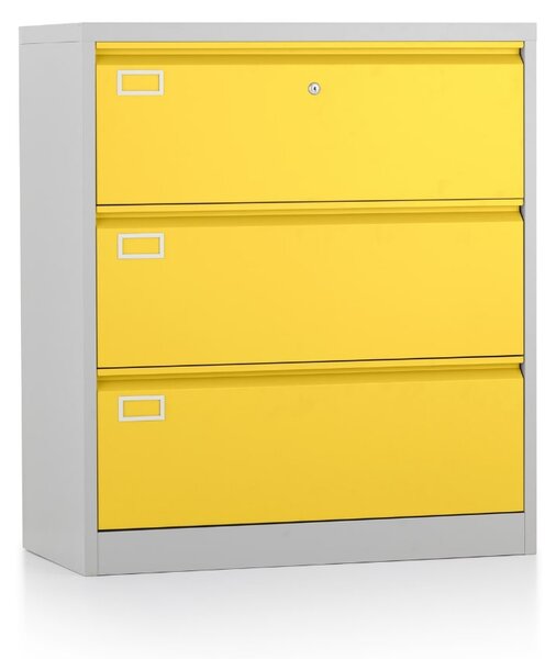 Dosar metalic cu două rânduri A4 - 3 sertare, 90 x 45 x 102 cm, încuietoare cu cilindru, galben - ral 1023