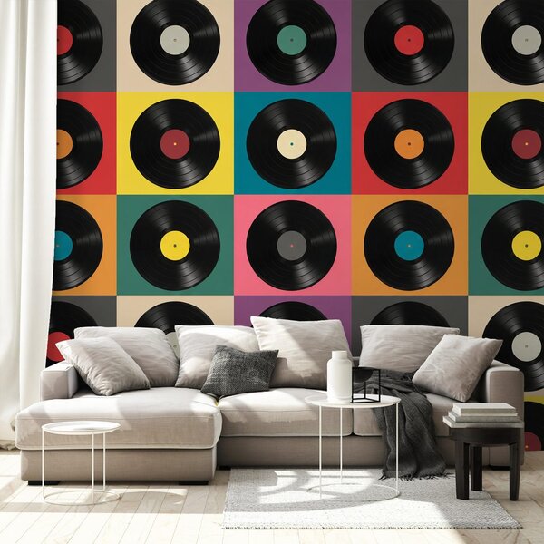 Tapet discuri vinil retro pe fundal colorat
