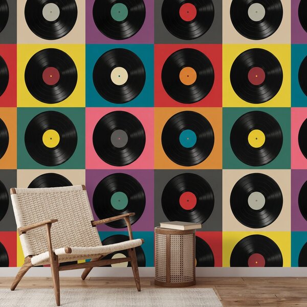 Tapet discuri vinil retro pe fundal colorat