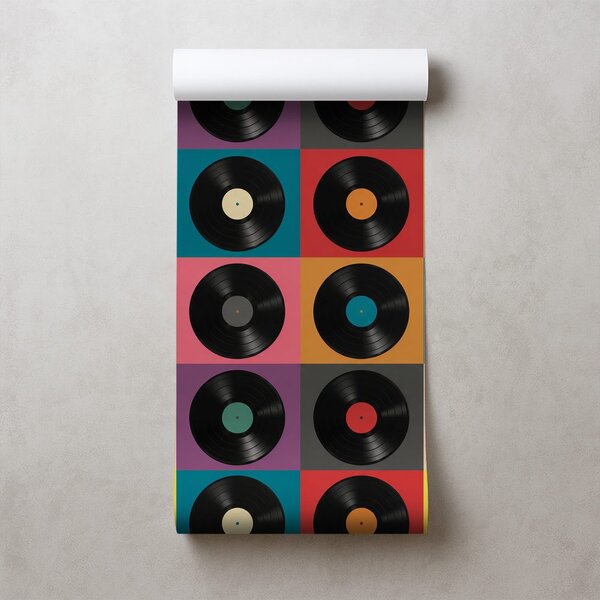 Tapet discuri vinil retro pe fundal colorat