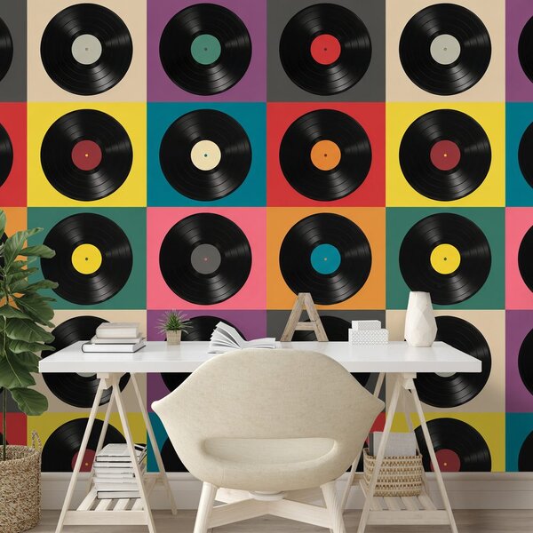 Tapet discuri vinil retro pe fundal colorat