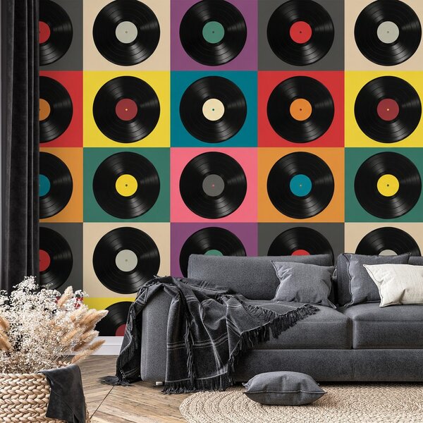 Tapet discuri vinil retro pe fundal colorat