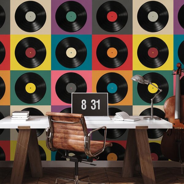 Tapet discuri vinil retro pe fundal colorat