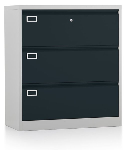 Dosar metalic cu două rânduri A4 - 3 sertare, 90 x 45 x 102 cm, încuietoare cu cilindru, antracit - ral 7016