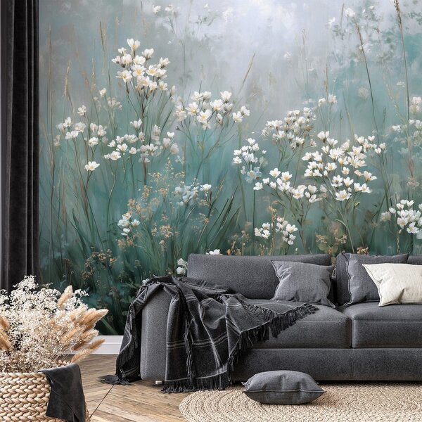 Fototapet flori albe delicate pe fundal verde-albastru