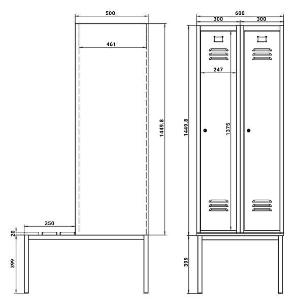 Dulap metalic cu bancheta, 60 x 85 x 185 cm, incuietoare cu cilindru, rosu - RAL 3000