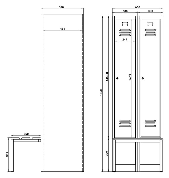 Dulap metalic cu banchetă, 60 x 85 x 185 cm, plintă, blocare prin răsucire, gri - RAL 7035