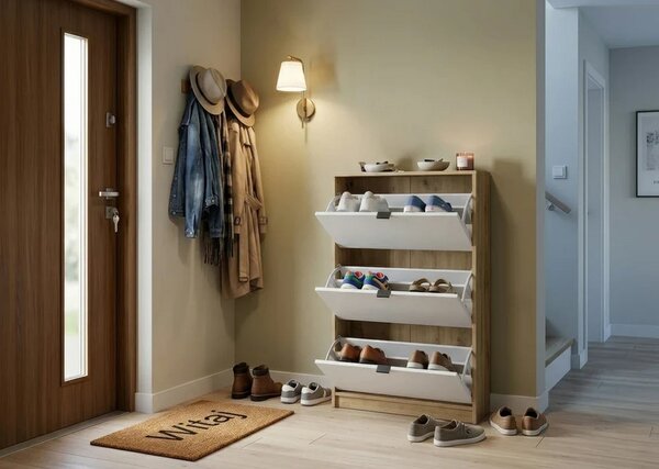 Pantofar ingust hol NEPON, stejar artisan/alb, PAL laminat, 70x18x120