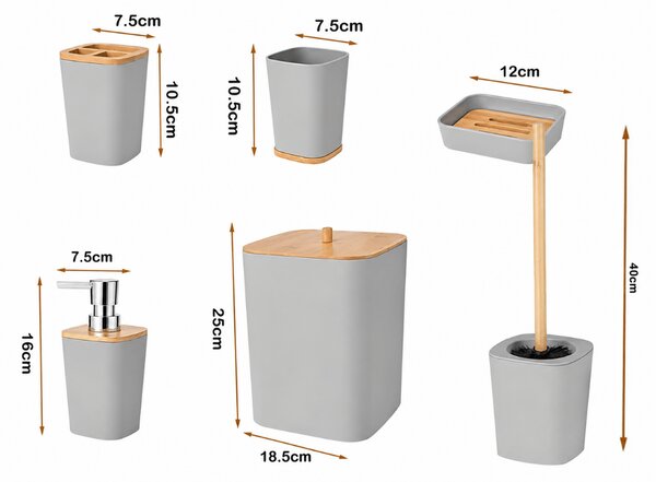 Set de baie NATUREO 6 piese, bambus/gri