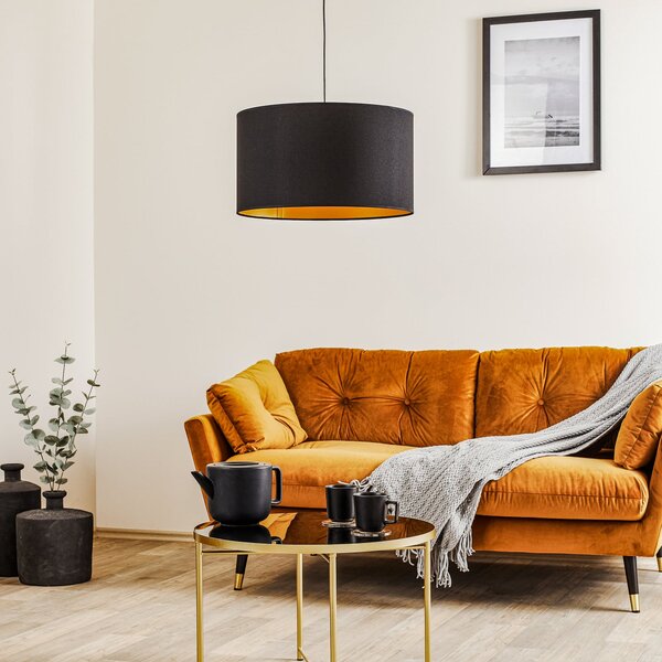 Euluna Lampă suspendată Roller, negru/auriu, Ø 45 cm, reglabil, Negru, Camera de zi / sufragerie, Țesătură / Textil, Modern