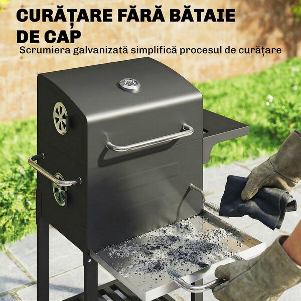 Outsunny Grătar pe Cărbune cu Termometru pentru Terasă și Grădină, Negru | Aosom Romania