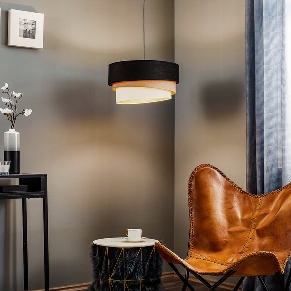 Duolla Lampă suspendată Devon, negru/bej/ecru/auriu Ø45cm, reglabil, Camera de zi / sufragerie, Țesătură / Textil, Modern
