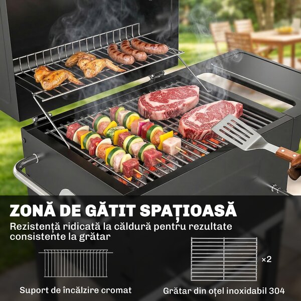 Outsunny Grătar pe Cărbune cu Termometru pentru Terasă și Grădină, Negru | Aosom Romania