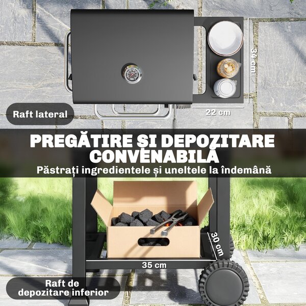 Outsunny Grătar pe Cărbune cu Termometru pentru Terasă și Grădină, Negru | Aosom Romania