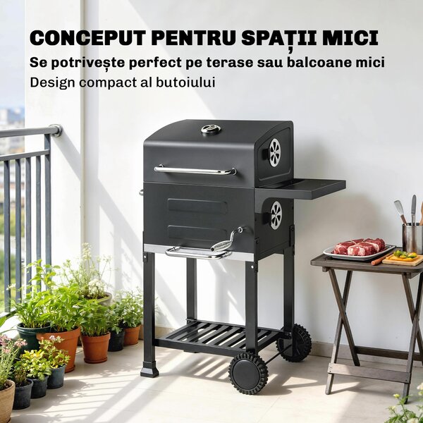 Outsunny Grătar pe Cărbune cu Termometru pentru Terasă și Grădină, Negru | Aosom Romania
