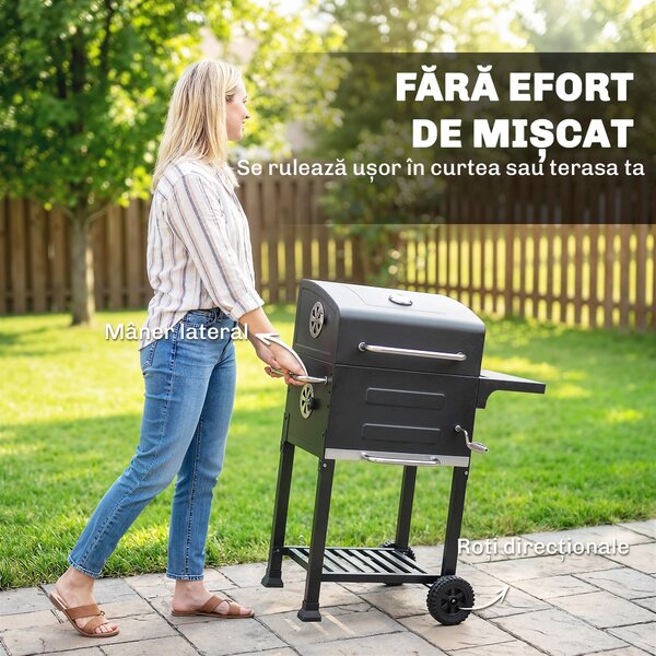 Outsunny Grătar pe Cărbune cu Termometru pentru Terasă și Grădină, Negru | Aosom Romania