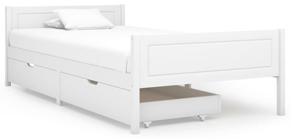 Cadru de pat cu 2 sertare, alb, 100x200 cm, lemn masiv pin