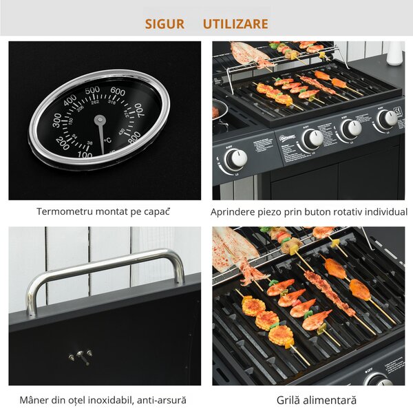 Gratar pe gaz Outsunny cu Capac si Termometru 110x50x100cm Negru | Aosom Romania