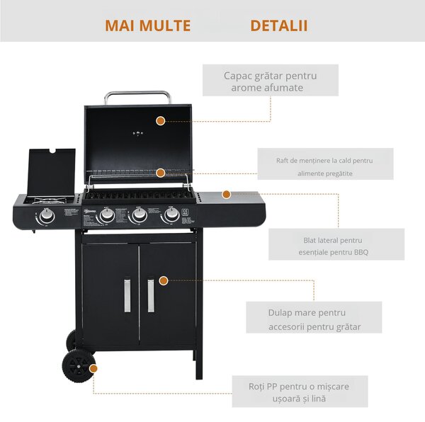 Gratar pe gaz Outsunny cu Capac si Termometru 110x50x100cm Negru | Aosom Romania