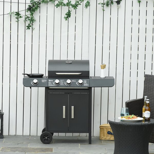 Gratar pe gaz Outsunny cu Capac si Termometru 110x50x100cm Negru | Aosom Romania